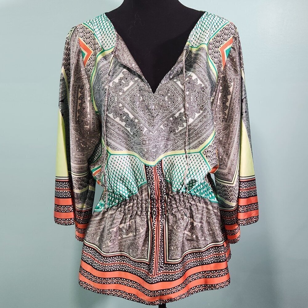 Calvin Klein Blouse Top Kimono Sleeve Satin Multicolor Tie V-Neck Medium
Lot I